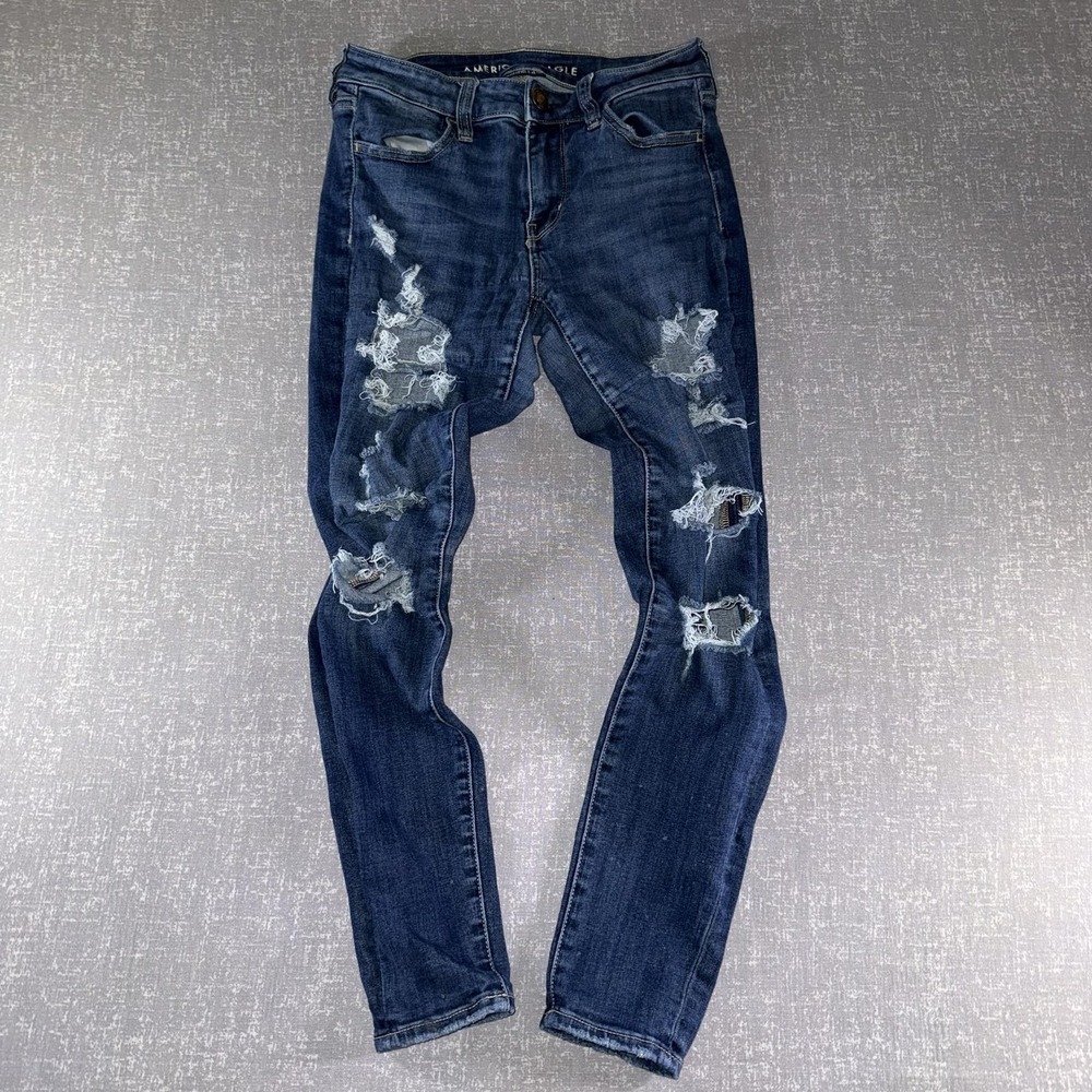 American Eagle Jeans Womens 4‎ Short Blue Mid Rise Jegging Distressed Stretch